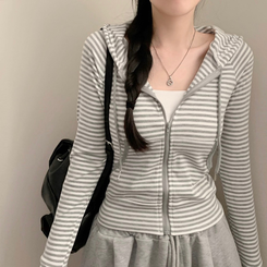 ストライプスリムフードジップアップ GREY