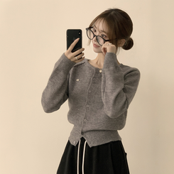 폭닥폭닥 마카롱 라운드 와펜 버튼 가을 긴팔 니트 가디건 그레이