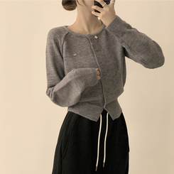 폭닥폭닥 마카롱 라운드 와펜 버튼 가을 긴팔 니트 가디건 그레이