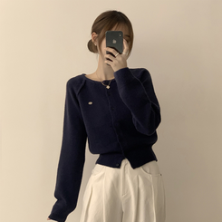 폭닥폭닥 마카롱 라운드 와펜 버튼 가을 긴팔 니트 가디건 곤색