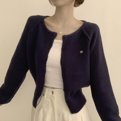 폭닥폭닥 마카롱 라운드 와펜 버튼 가을 긴팔 니트 가디건 곤색