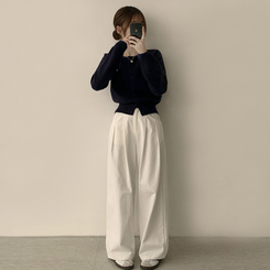 폭닥폭닥 마카롱 라운드 와펜 버튼 가을 긴팔 니트 가디건 곤색