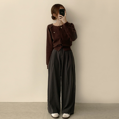 폭닥폭닥 마카롱 라운드 와펜 버튼 가을 긴팔 니트 가디건 밤색