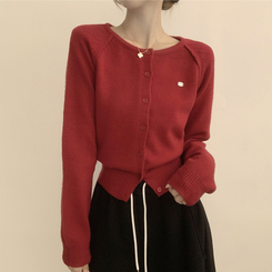 폭닥폭닥 마카롱 라운드 와펜 버튼 가을 긴팔 니트 가디건 레드