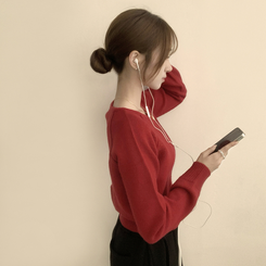 폭닥폭닥 마카롱 라운드 와펜 버튼 가을 긴팔 니트 가디건 레드