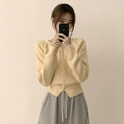 폭닥폭닥 마카롱 라운드 와펜 버튼 가을 긴팔 니트 가디건 옐로우