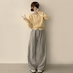 폭닥폭닥 마카롱 라운드 와펜 버튼 가을 긴팔 니트 가디건 옐로우