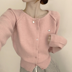 폭닥폭닥 마카롱 라운드 와펜 버튼 가을 긴팔 니트 가디건 핑크
