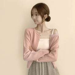 폭닥폭닥 마카롱 라운드 와펜 버튼 가을 긴팔 니트 가디건 핑크