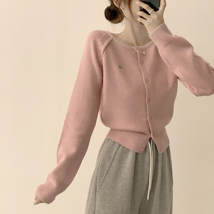 폭닥폭닥 마카롱 라운드 와펜 버튼 가을 긴팔 니트 가디건 핑크