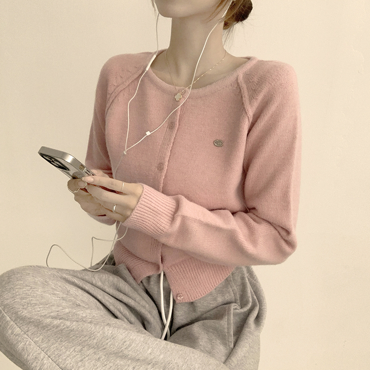 폭닥폭닥 마카롱 라운드 와펜 버튼 가을 긴팔 니트 가디건 핑크