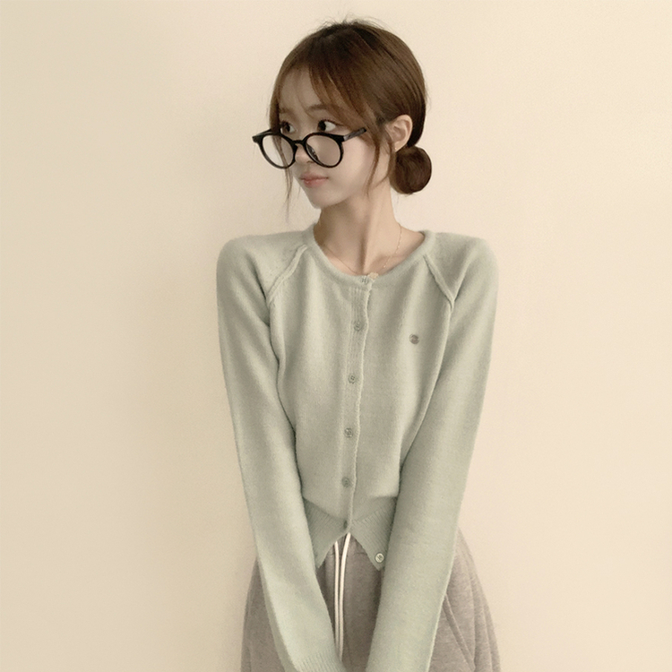 폭닥폭닥 마카롱 라운드 와펜 버튼 가을 긴팔 니트 가디건 민트