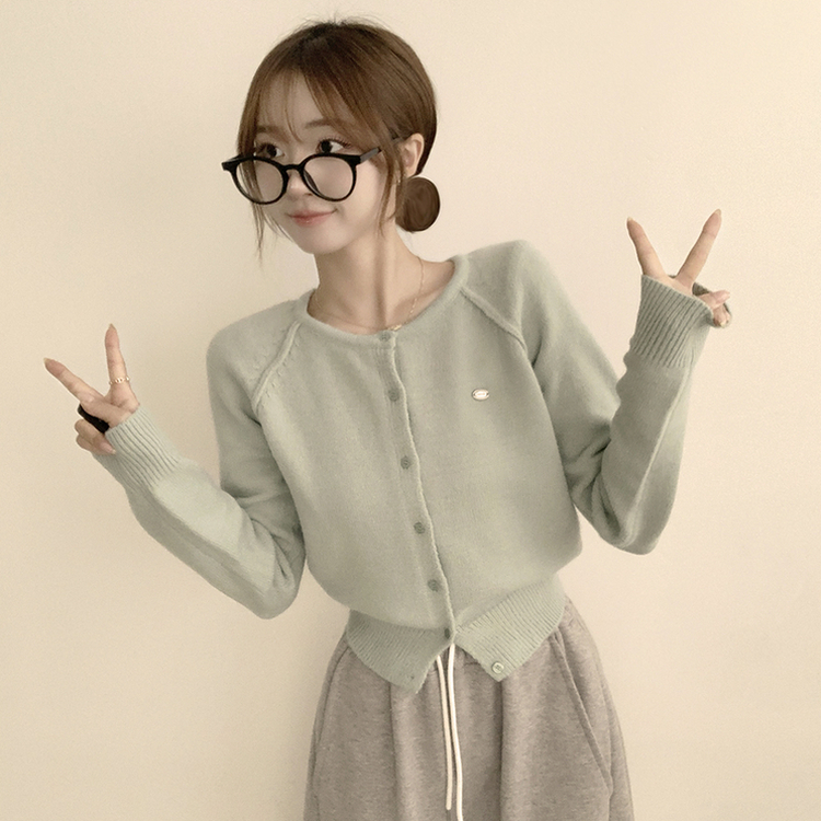 폭닥폭닥 마카롱 라운드 와펜 버튼 가을 긴팔 니트 가디건 민트