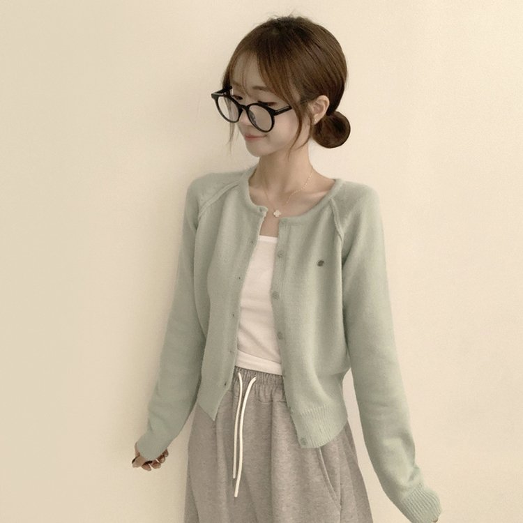 폭닥폭닥 마카롱 라운드 와펜 버튼 가을 긴팔 니트 가디건 민트