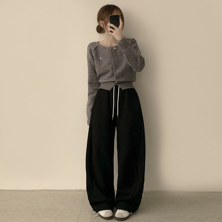 폭닥폭닥 마카롱 라운드 와펜 버튼 가을 긴팔 니트 가디건 그레이