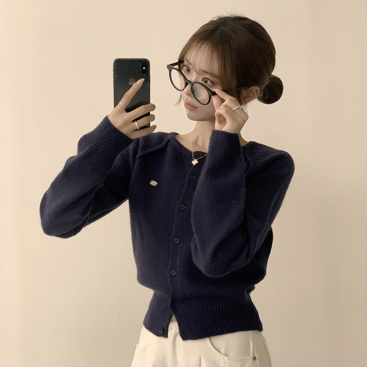 폭닥폭닥 마카롱 라운드 와펜 버튼 가을 긴팔 니트 가디건 곤색