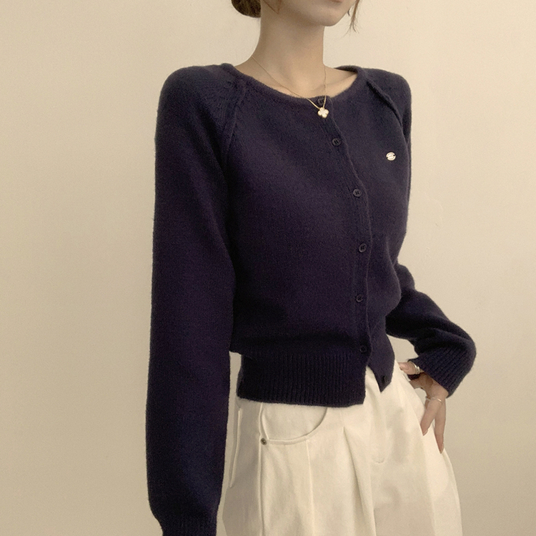 폭닥폭닥 마카롱 라운드 와펜 버튼 가을 긴팔 니트 가디건 곤색