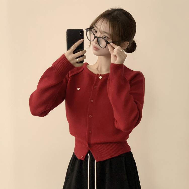 폭닥폭닥 마카롱 라운드 와펜 버튼 가을 긴팔 니트 가디건 레드