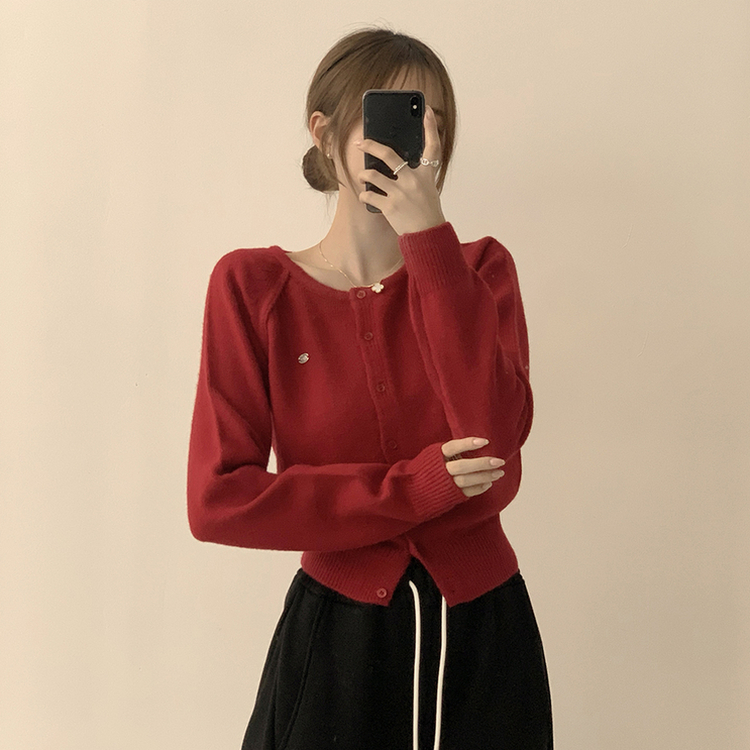 폭닥폭닥 마카롱 라운드 와펜 버튼 가을 긴팔 니트 가디건 레드