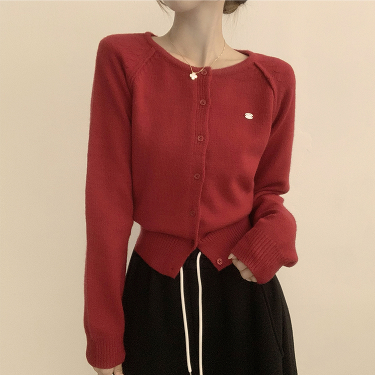 폭닥폭닥 마카롱 라운드 와펜 버튼 가을 긴팔 니트 가디건 레드