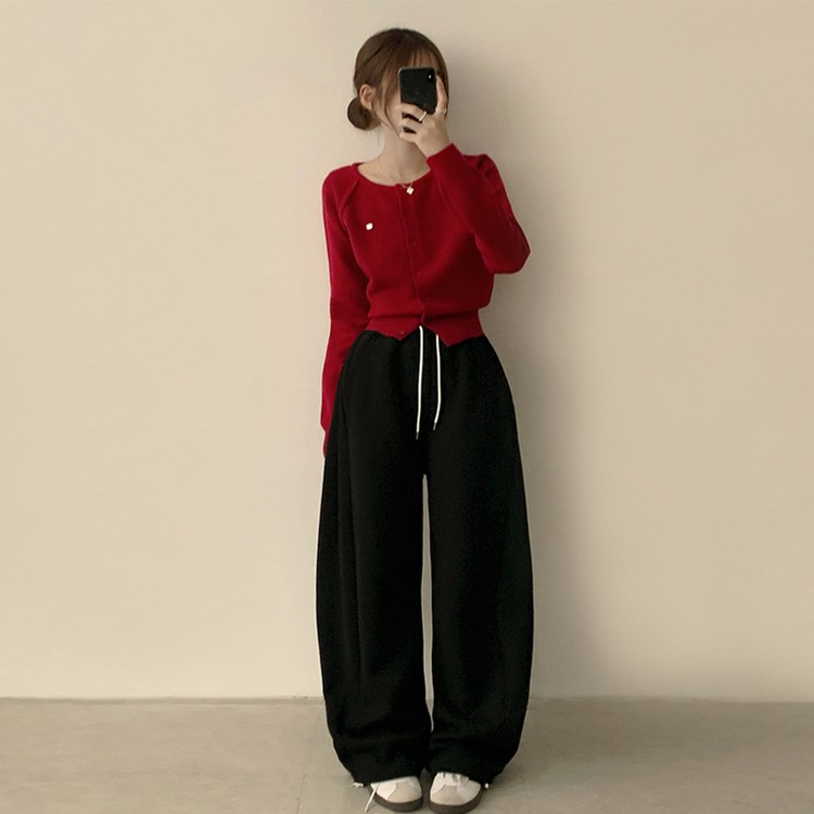 폭닥폭닥 마카롱 라운드 와펜 버튼 가을 긴팔 니트 가디건 레드