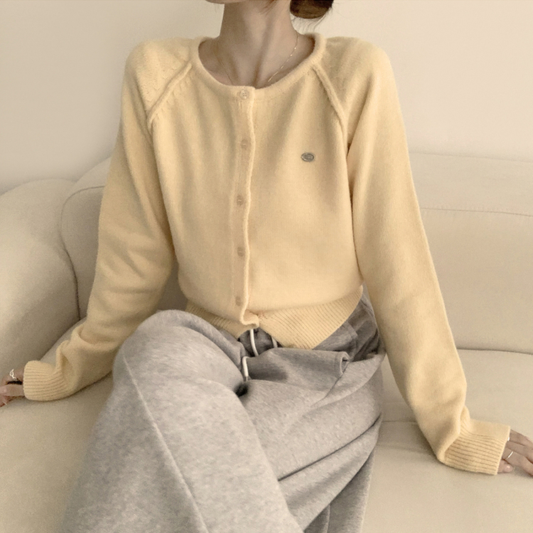 폭닥폭닥 마카롱 라운드 와펜 버튼 가을 긴팔 니트 가디건 옐로우