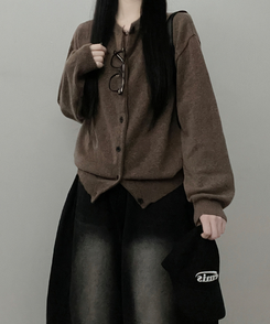 커버라운드울모박스핏니트가디건 밤색