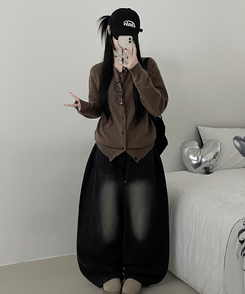 커버라운드울모박스핏니트가디건 밤색