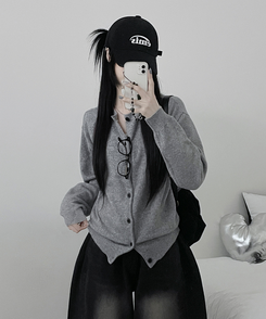 커버라운드울모박스핏니트가디건 회색