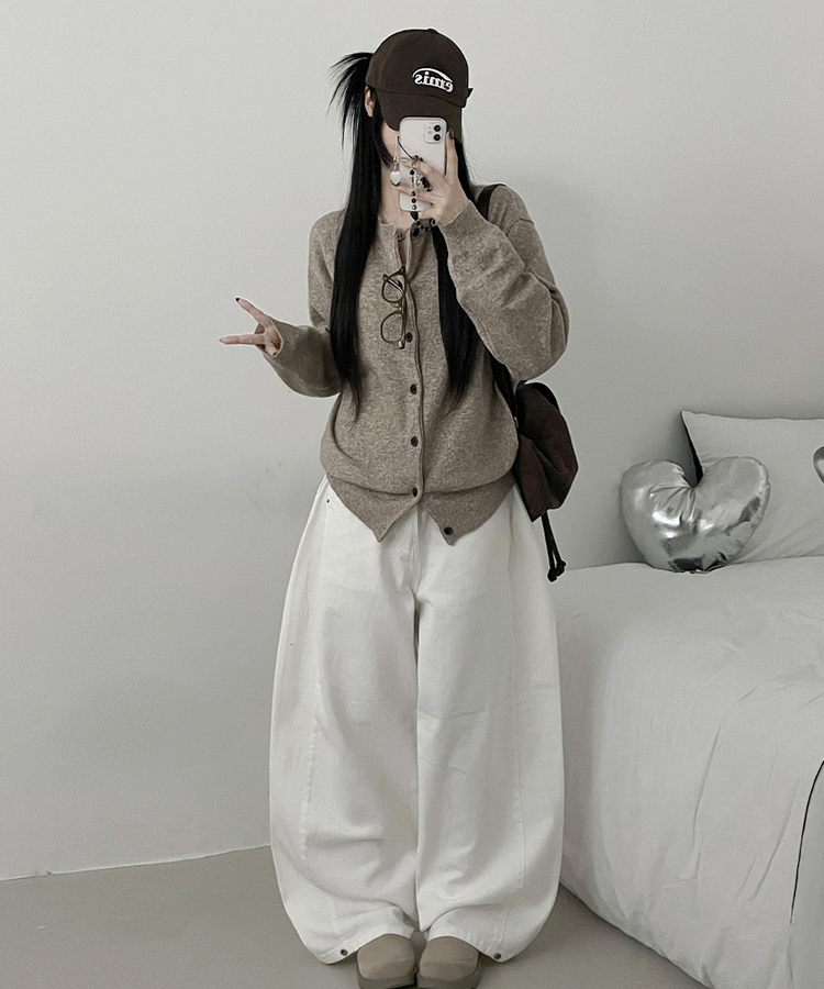 커버라운드울모박스핏니트가디건 베이지