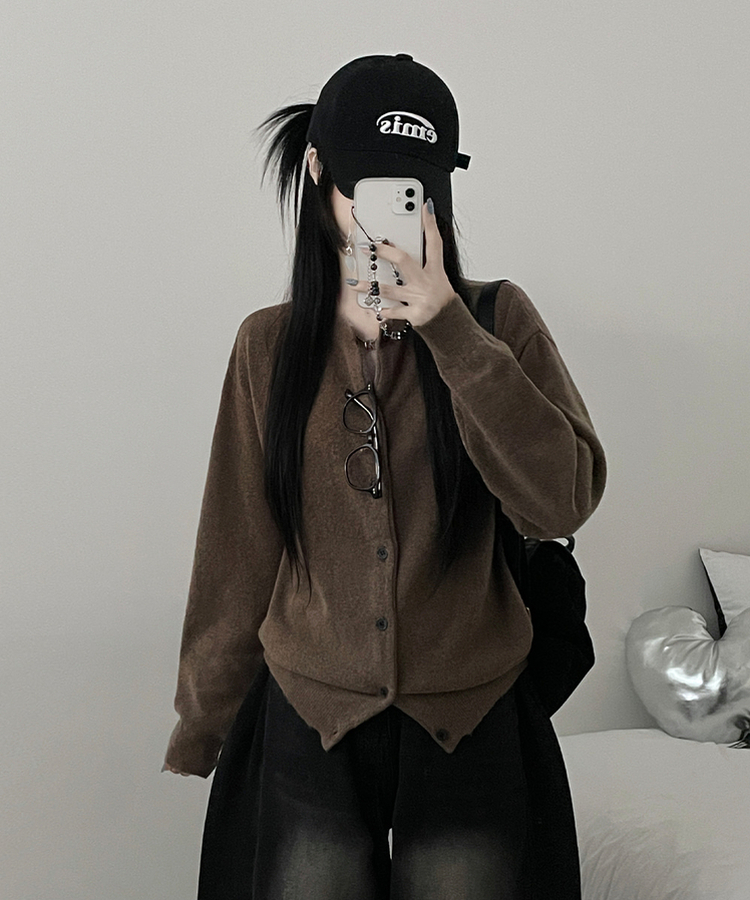 커버라운드울모박스핏니트가디건 밤색