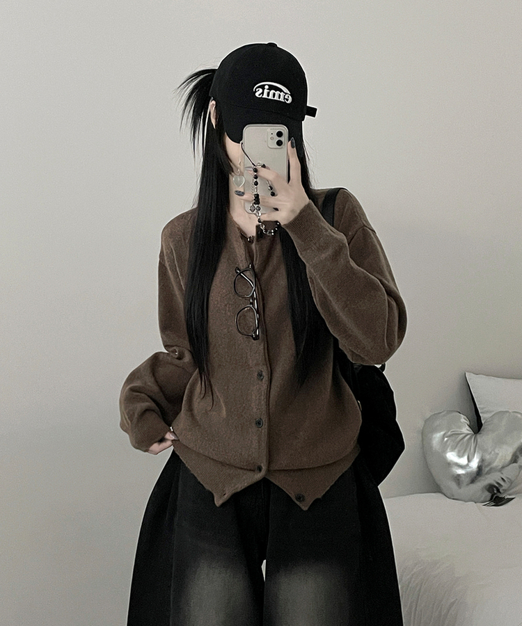 커버라운드울모박스핏니트가디건 밤색