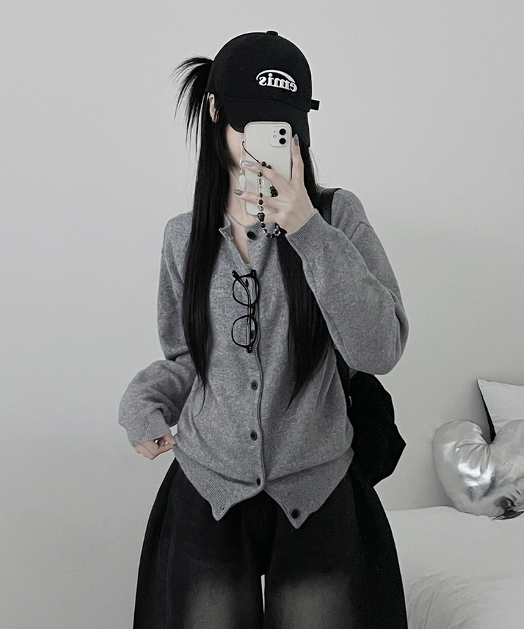 커버라운드울모박스핏니트가디건 회색