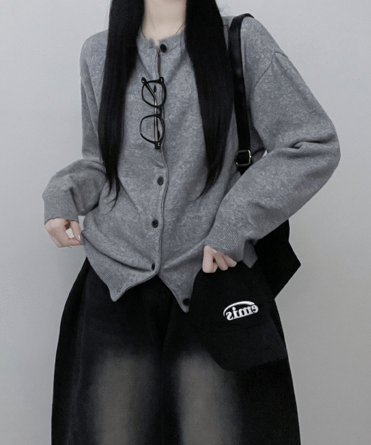 커버라운드울모박스핏니트가디건 회색