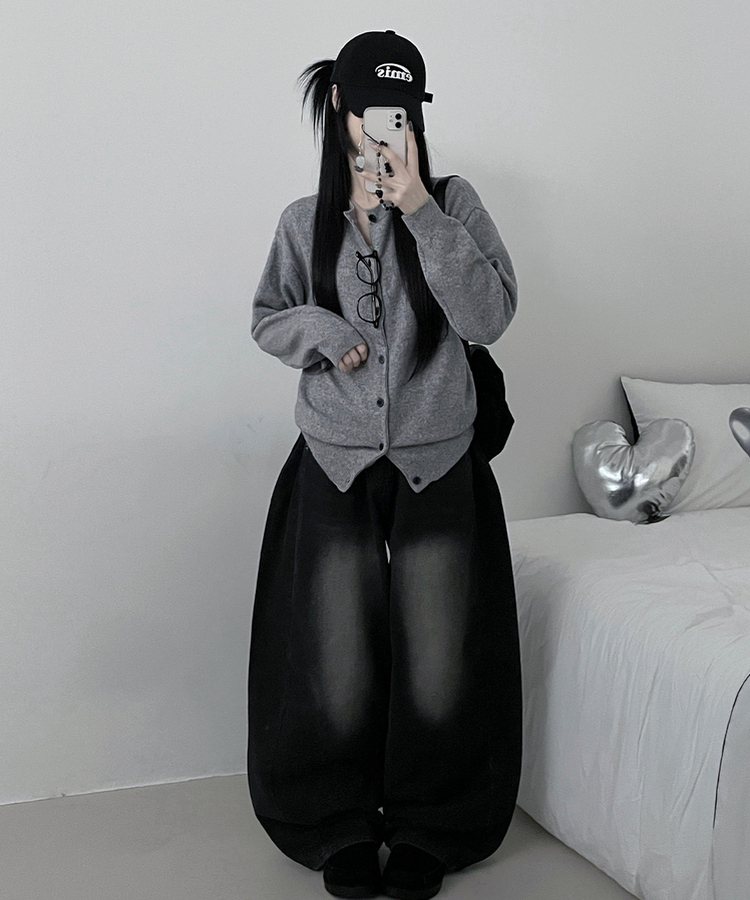 커버라운드울모박스핏니트가디건 회색