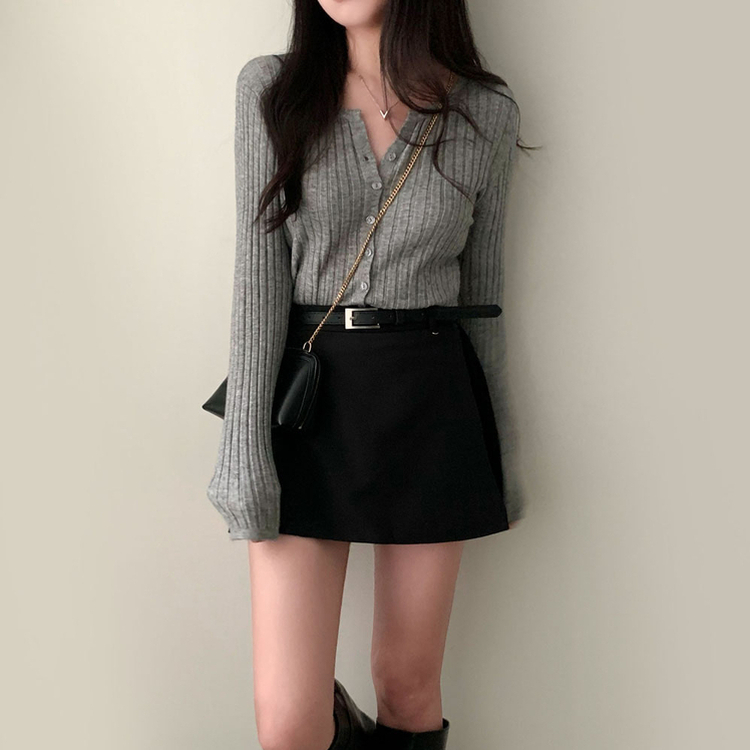 계절의 틈어텀 세미 슬림핏 라운드넥 트임 니트 가디건 그레이