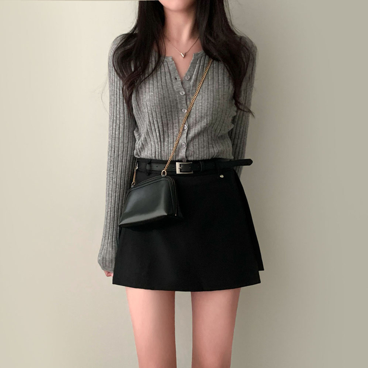 계절의 틈어텀 세미 슬림핏 라운드넥 트임 니트 가디건 그레이