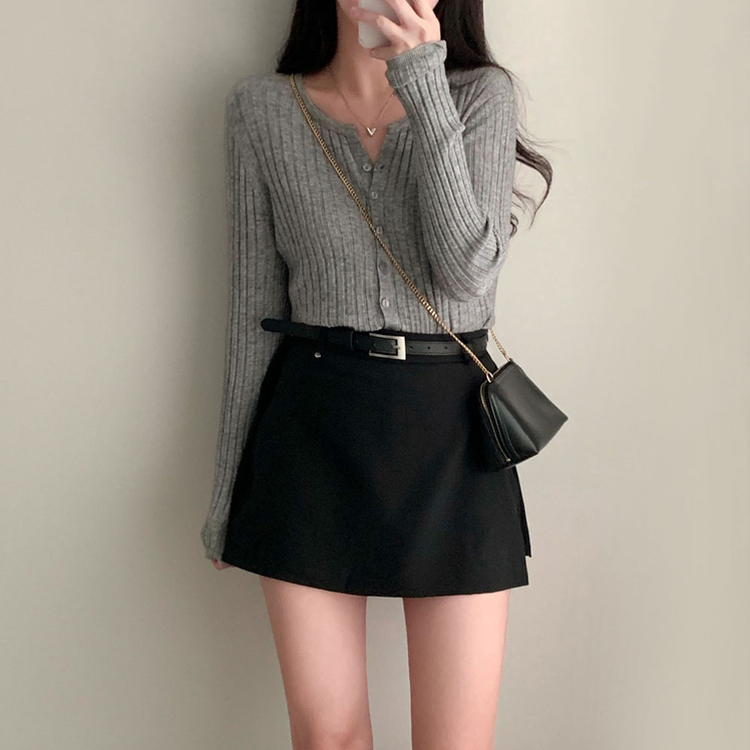 계절의 틈어텀 세미 슬림핏 라운드넥 트임 니트 가디건 그레이