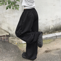 키리 도트 땡땡이 핀턱 밴딩 와이드 벌룬 트레이닝 팬츠 블랙