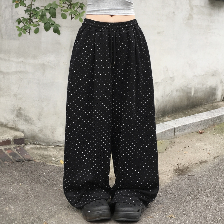 키리 도트 땡땡이 핀턱 밴딩 와이드 벌룬 트레이닝 팬츠 블랙