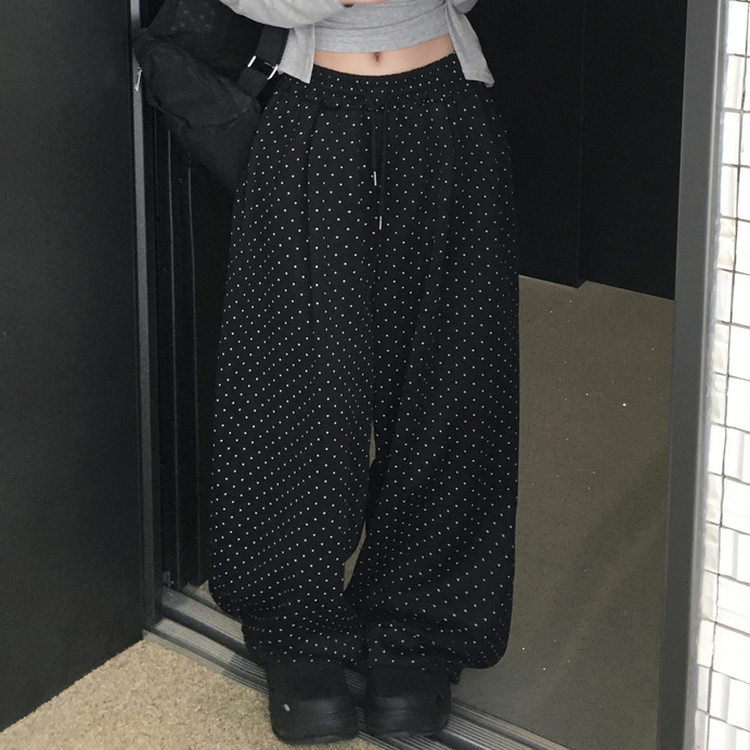 키리 도트 땡땡이 핀턱 밴딩 와이드 벌룬 트레이닝 팬츠 블랙