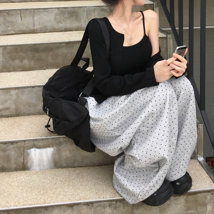 키리 도트 땡땡이 핀턱 밴딩 와이드 벌룬 트레이닝 팬츠 그레이