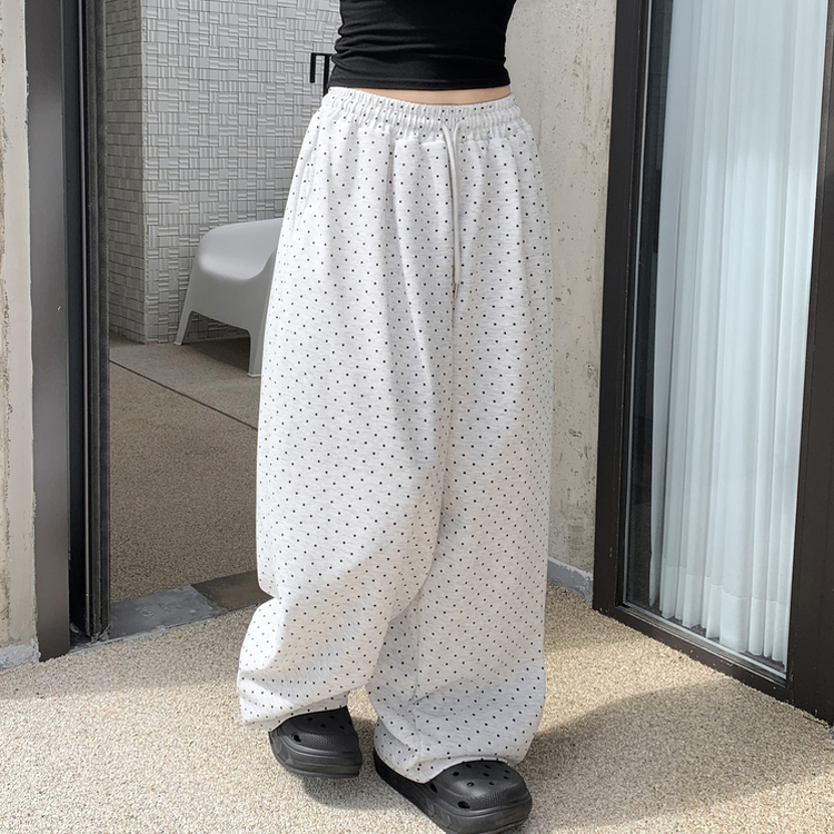 키리 도트 땡땡이 핀턱 밴딩 와이드 벌룬 트레이닝 팬츠 그레이