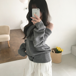 류니 오프숄더 골지 밑단버튼 스트라이프 무지 여리 긴팔 두툼 니트 그레이