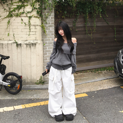 류니 오프숄더 골지 밑단버튼 스트라이프 무지 여리 긴팔 두툼 니트 그레이