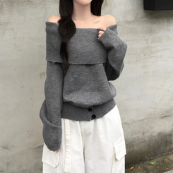 류니 오프숄더 골지 밑단버튼 스트라이프 무지 여리 긴팔 두툼 니트 그레이