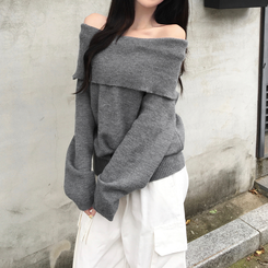 류니 오프숄더 골지 밑단버튼 스트라이프 무지 여리 긴팔 두툼 니트 그레이