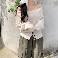 류니 오프숄더 골지 밑단버튼 스트라이프 무지 여리 긴팔 두툼 니트 아이보리