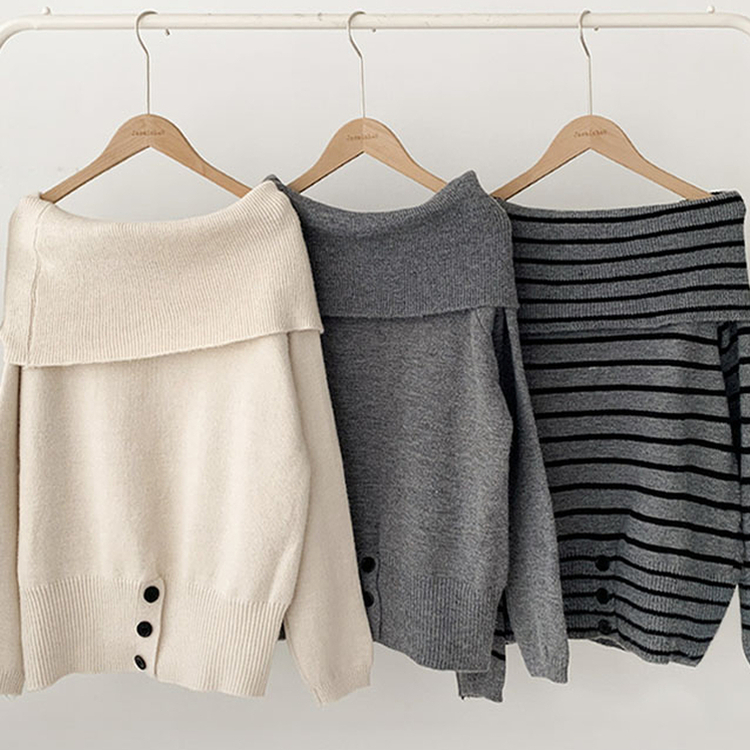 류니 오프숄더 골지 밑단버튼 스트라이프 무지 여리 긴팔 두툼 니트