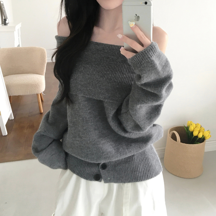 류니 오프숄더 골지 밑단버튼 스트라이프 무지 여리 긴팔 두툼 니트 그레이